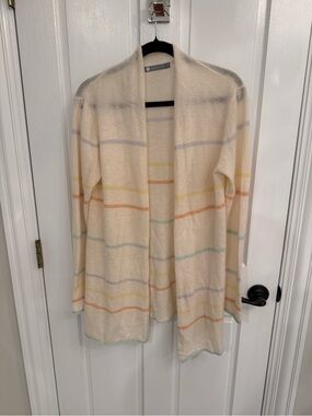 InCashmere Cream Open Cardigan with Pastel Stripe Accents